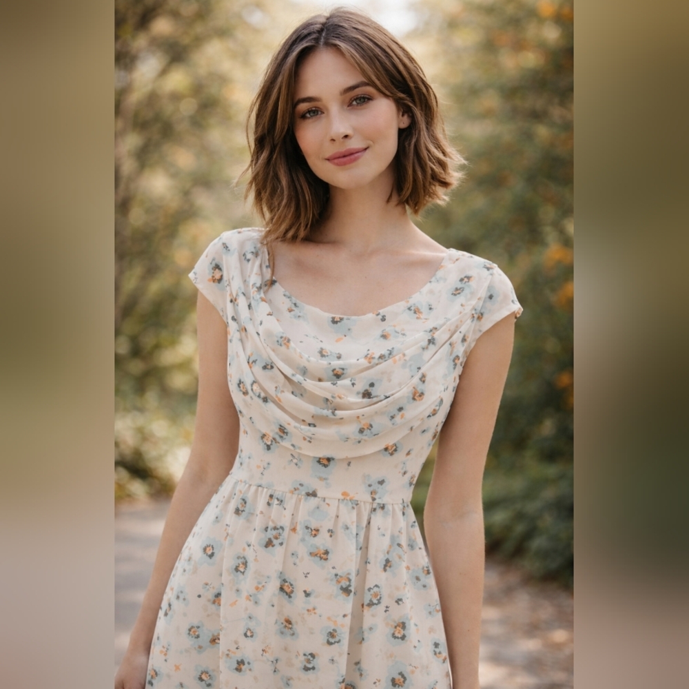 Mikarose Cream Floral Midi Dress